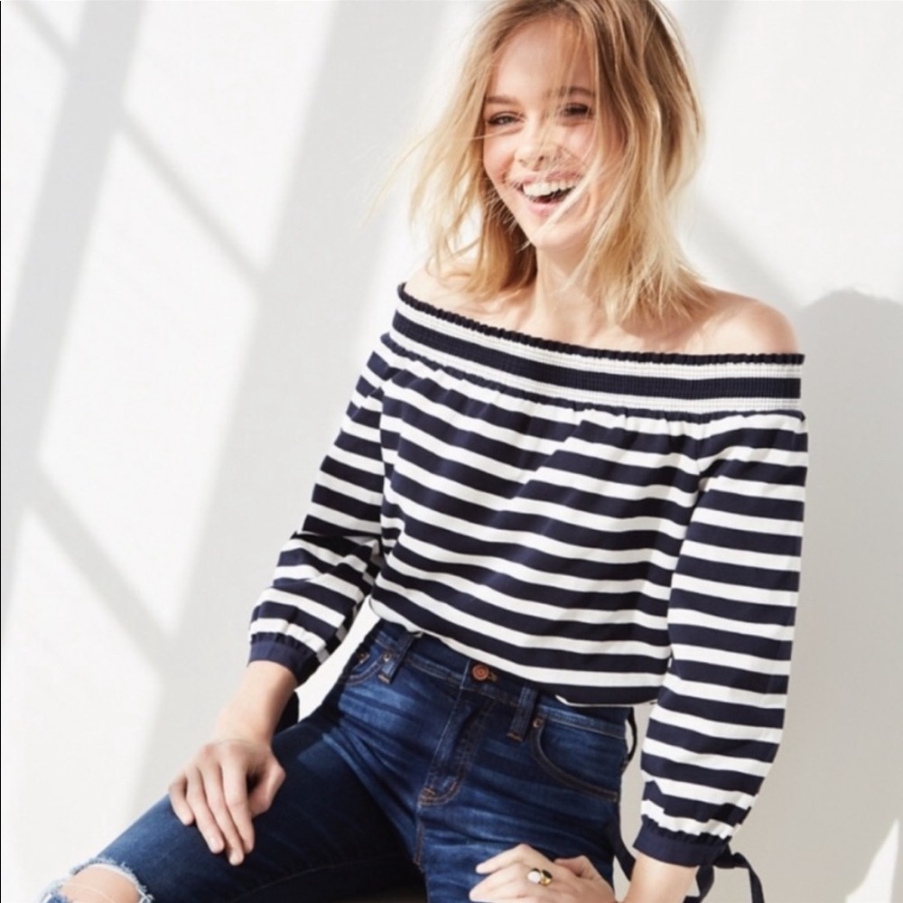 J. Crew Striped Off The Shoulder Nautical Boxy Top 3/4 tie Cuff Sleeve